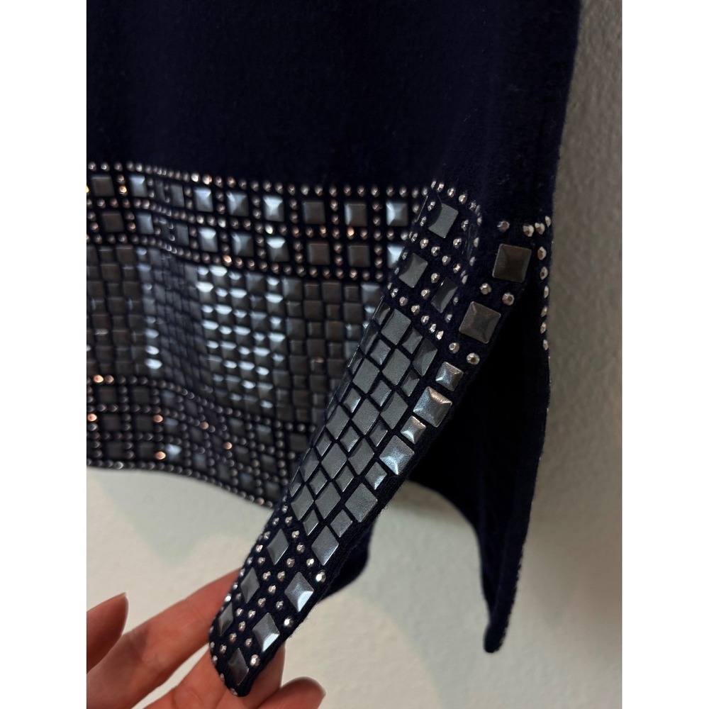 St John Navy Blue Wool Blend Studded Hem Knit Top 3/4 Sleeve Boatneck - Picture 4 of 9